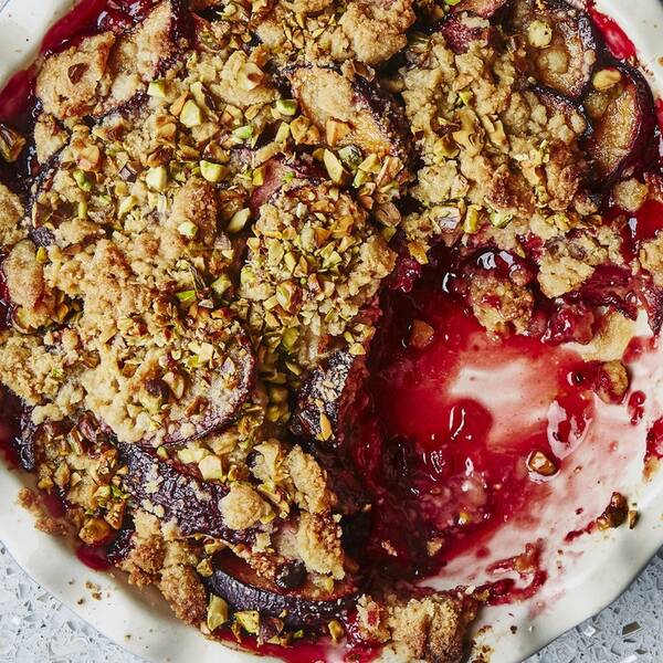 Plum-Cardamom Crumble with Pistachios